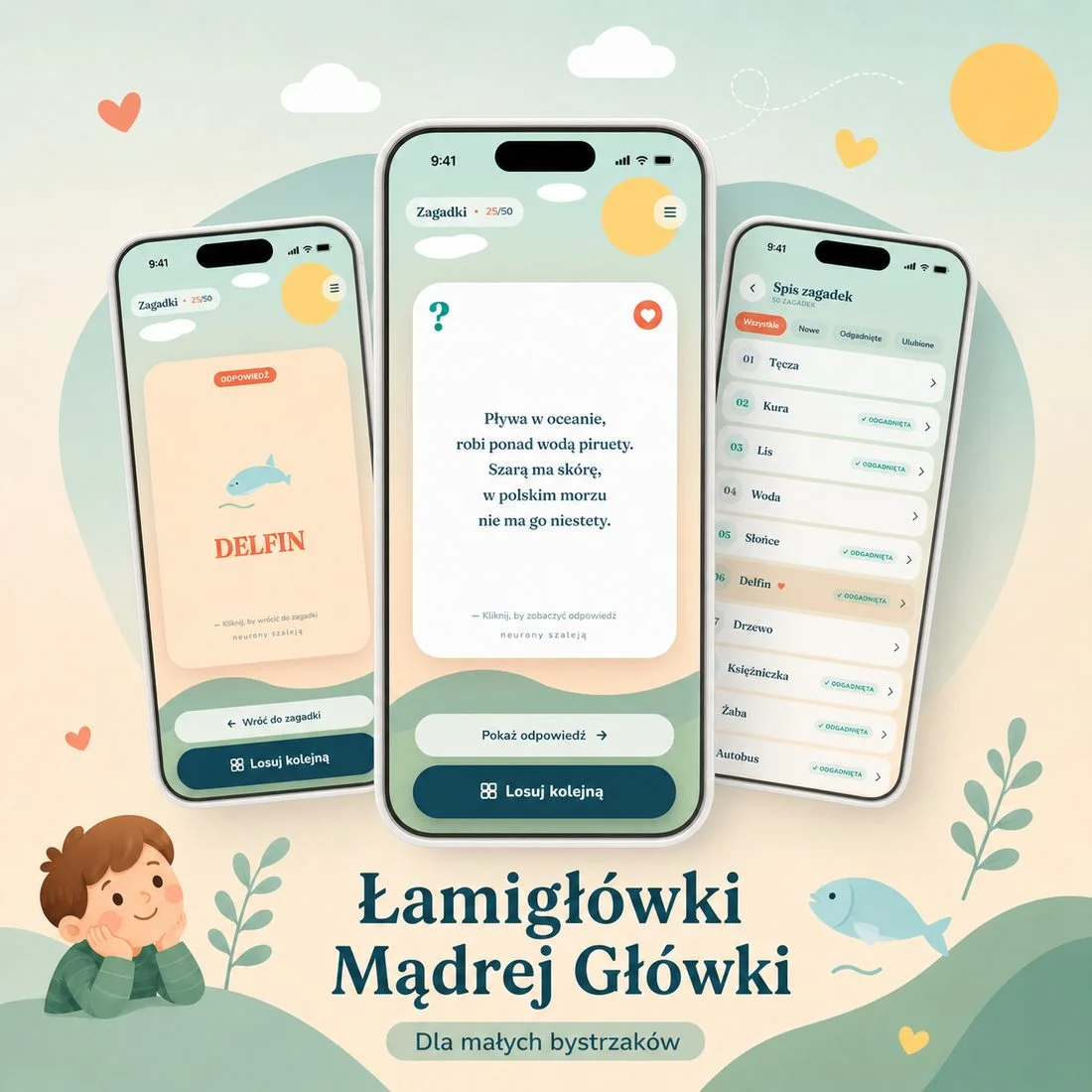 Aplikacja Łamigłówki Mądrej Główki — mockup ekranów